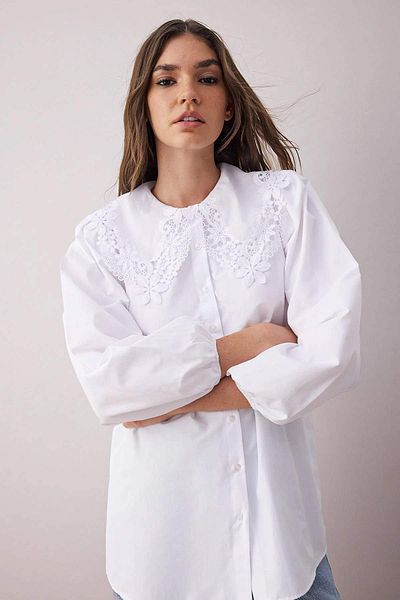 Trendyol Modest White Cotton Collar Lace Detailed Woven Shirt Tctaw26Tg00001
