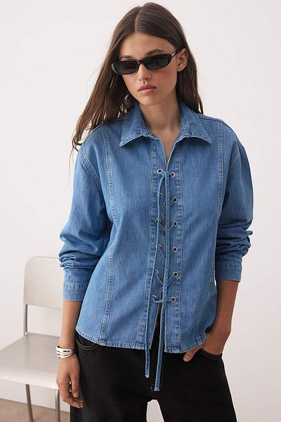 Trendyol Collection Blue Eyelet Lacing Detailed Denim Shirt Twoaw26Go00003