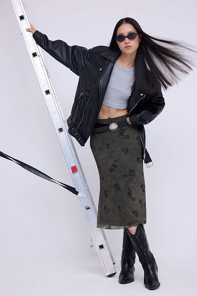 Trendyol Collection Teen Khaki Flower Printed Fish Form Tulle Stretchy Knitted Skirt Twoaw26Et00036