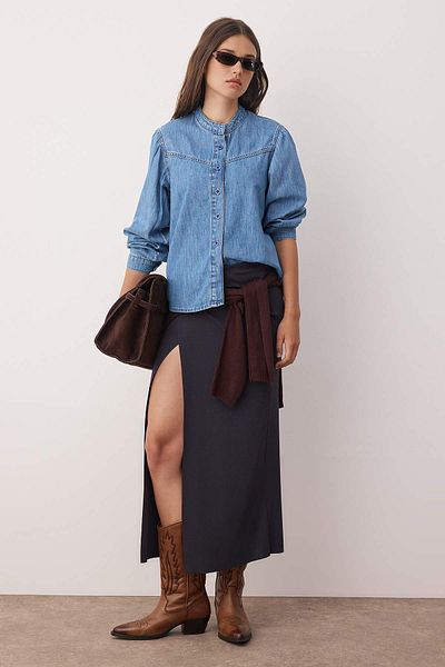Trendyol Collection Dark Blue Stitching Detail Stand Collar Denim Shirt Twoaw26Go00016