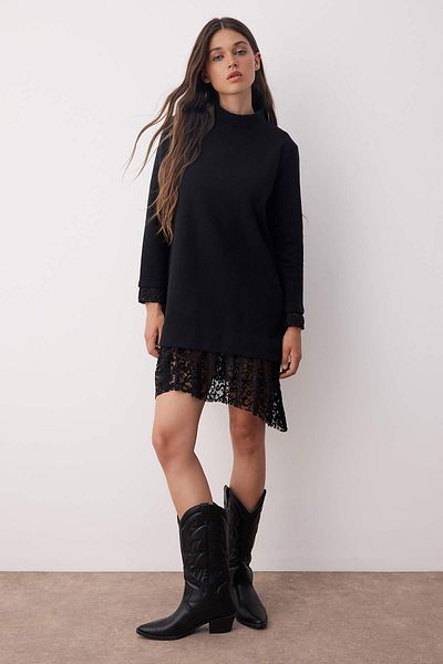 Trendyol Collection Black Stand Collar Shift/Straight Cut Long Sleeve Lace Garni Detail Mini Knitted Dress Twoaw26El00095