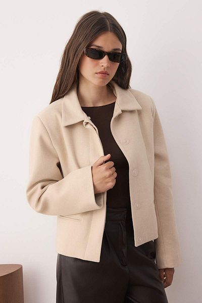 Trendyol Collection Ecru Regular Fit Collar Fur Cashmere Jacket Coat Twoaw26Mo00131
