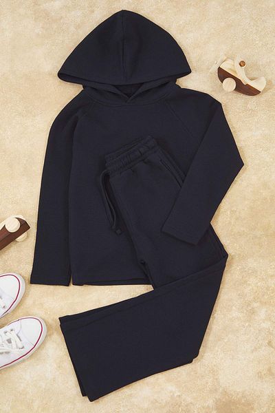 TRENDYOLKIDS Bleumarin*001 Băiat Bumbac Solid Glugă Oversize Tricotat Partea de jos - Set de sus TKDAW26AU00015
