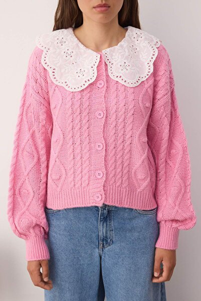 Trendyol Collection Pink Hair Weave Lace Garnish Polo Collar Soft Textured Knitwear Cardigan Twoaw26Hi00074