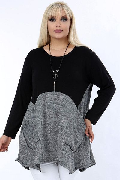 Kheos Asymmetrical Pocketed Necklace Double Color Blocked Flowing Comfortable Blouse