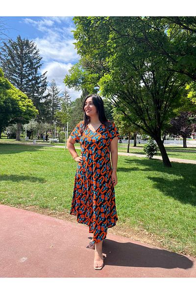 Sobe Hediyelik Orange Patterned V-Neck Casual Summer Dress – Asymmetrical Cut 38-50 Size Compatible
