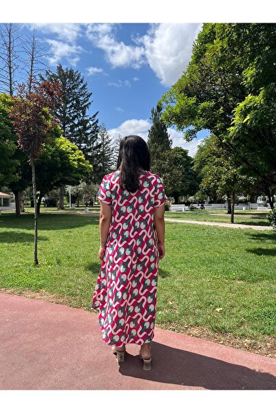 Sobe Hediyelik Pink Patterned V-Neck Casual Summer Dress – Asymmetric Cut 38-50 Size Compatible