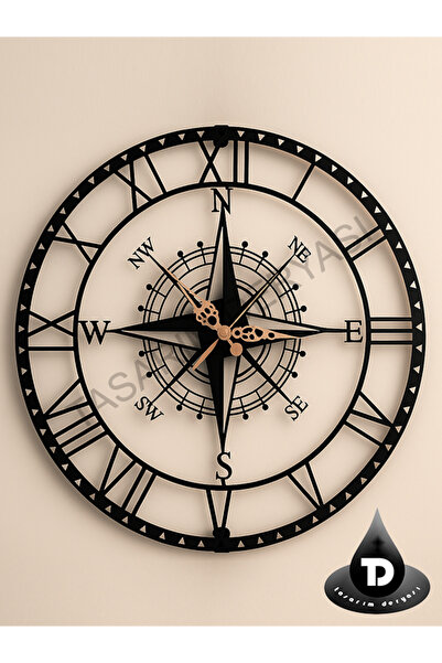 Genel Markalar Dekoratif Roma Rakamlı Sessiz Siyah Metal Duvar Saati Pusula T...