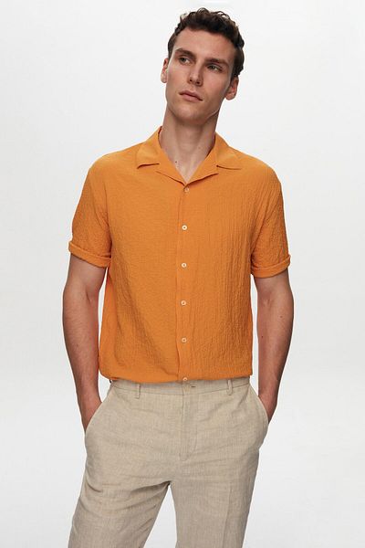 D'S Damat Ds Damat Relaxed Orange Seersucker κοντομάνικο πουκάμισο χωρίς τσακισμένο