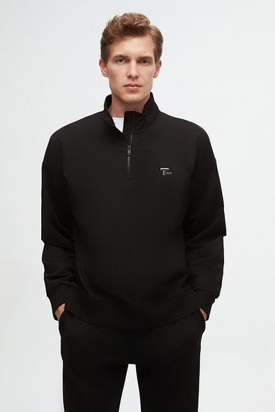 Twn Black Oversize Cotton Seasonal Sweatshirt - Half Zipper