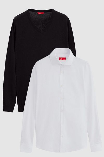 D'S Damat Ds Damat Slim Fit, amestec de bumbac negru, 2 piese, tricotaje și cămașă cu decolteu în V