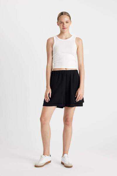 DeFacto Regular Fit Normal Bel Kısa Paça Keten Karışımlı Siyah Şort D3989AX24HS