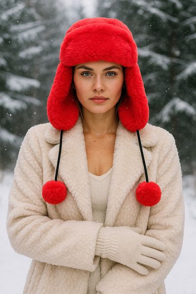 Luminos Butik Women's Red Pompom Fur Headphones Plush Hat Beanie Beanie1103