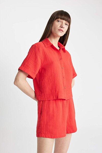 DeFacto Boxy Fit Müslin Kısa Kollu Gömlek D0583AX24SM