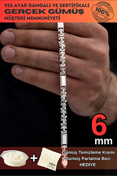 OSMANLI GÜMÜŞ Erkek Gümüş Bileklik - 6mm Parçalı Parlak Euro Kral Gümüş Bileklik