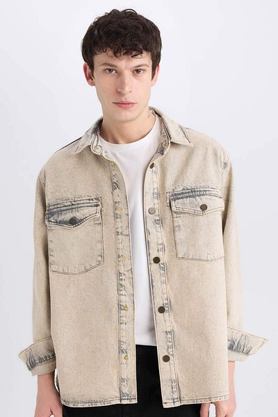 DeFacto 100% Cotton Relax Fit Pocket Long Sleeve Jean Shirt D0447Ax24Au