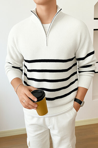 Tarz Cool Λευκό-Μαύρο ανδρικό πλεκτό πουλόβερ ψαρά με κανονικό φερμουάρ