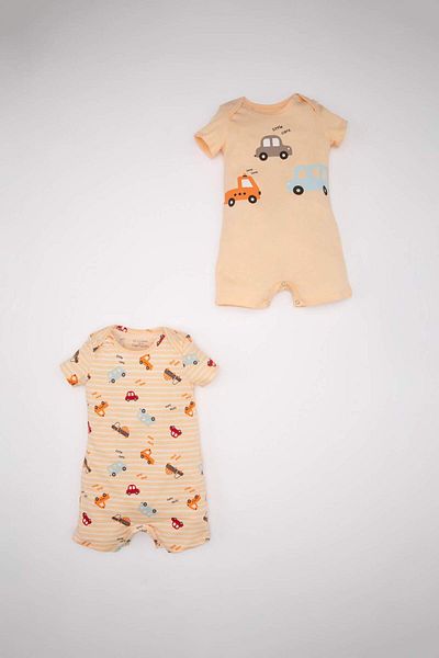DeFacto Baby Boy Newborn Vehicle Printed Combed Cotton 2-Piece Short Sleeve Jumpsuit C8830A524Hs