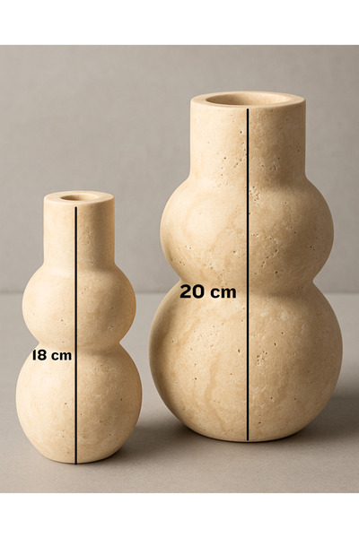 Modelce 2'li Doğal Traverten Çift Boğumlu Dekoratif Vazo Seti