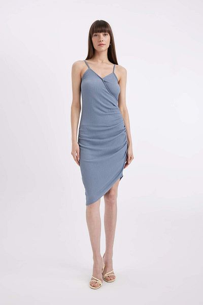 DeFacto Bodycon Body Wrap V Neck Draped Wrap Midi Evening Dress A8880Ax24Hs