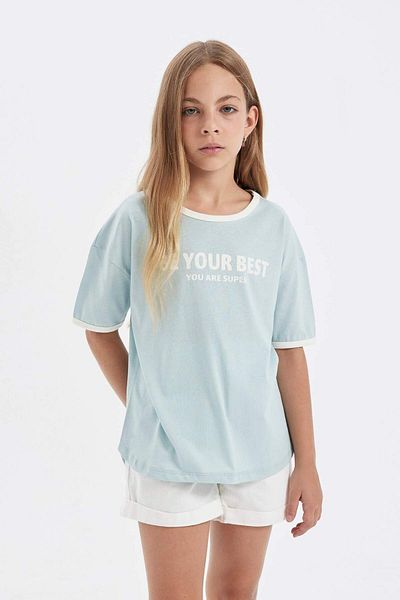 DeFacto Tricou cu mânecă scurtă imprimat cu decolteu lat pentru fete C4505A824SM