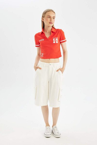 DeFacto Polo Neck Printed Ribbed T-Shirt - Short Sleeve D1419AX24SM