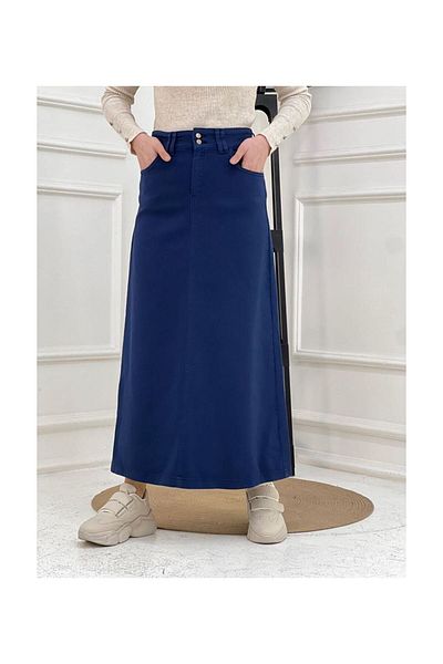 VELLICHOR Fusta din Gabardină Brodată Contrast Indigo-