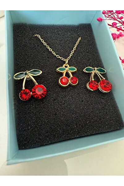 NAS fashion Women's Gold Color Cherry Model Earrings and Necklace Set Stone Detailed Elegant Set