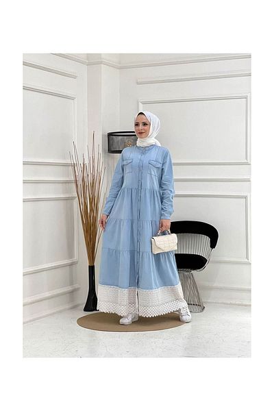 VELLICHOR Lace Natural Fabric Buttoned Denim Dress Blue