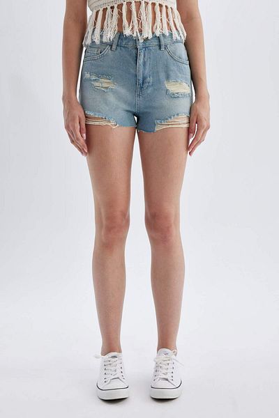 DeFacto Pantaloni scurți din denim cu talie înaltă ruptă D2192AX24HS