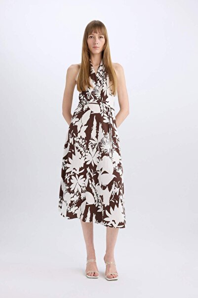 DeFacto Αμάνικο μίντι φόρεμα με μοτίβο λινό C9578AX24SM