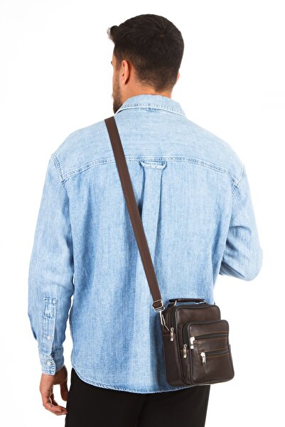 Newish Men's Genuine Leather Crossbody Long Strap Hand and Shoulder Bag - Brown