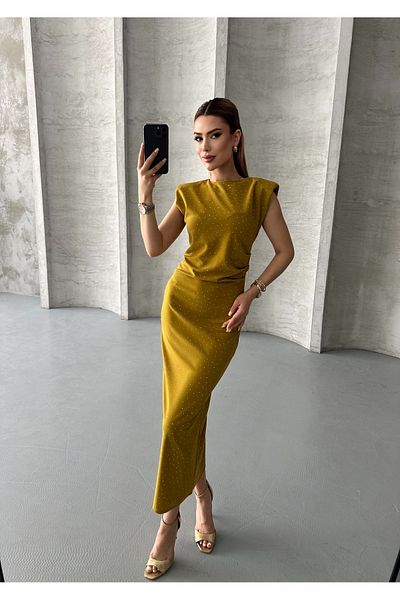 Moda Palmiss Women's Oil Green Stone Detailed Shoulder Padded Midi Dress
