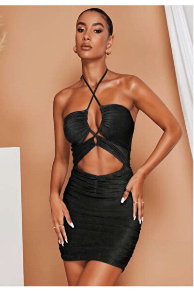 ÖZEL KOLEKSİYON VOİSİN Gece Mini Elbise – Siyah Simli, Derin Dekolteli Tasarım