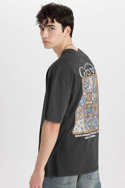 DeFacto Comfort Regular Fit Comfortable Fit Crew Neck Back Printed Short Sleeve T-Shirt B8492Ax24Sm