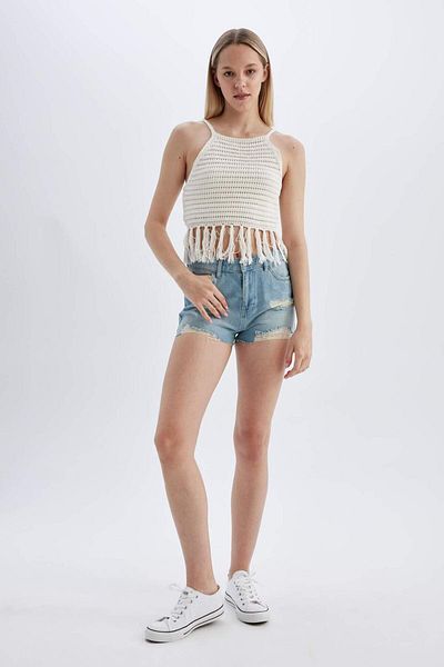 DeFacto Pantaloni scurți din denim cu talie înaltă ruptă D2192AX24HS