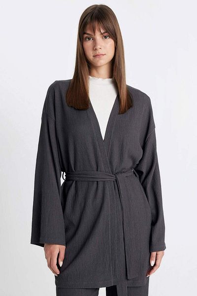 DeFacto Relax Fit Shawl Collar Belted Wrap Kimono Z8777Az24Sm