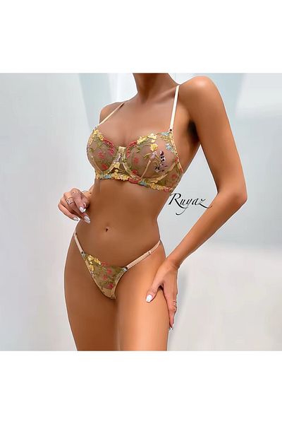 RUYAZ TEKSTİL Skin Color Transparent Bra Panty Set Floral Embroidery Underwear Set (Bra Thong)