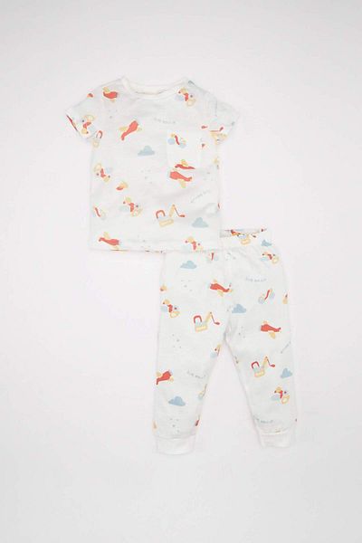 DeFacto Baby Boy Pajamas Set - Combed Cotton Print, Short Sleeve, Top Elastic Waist, Long Bottom C3521A524Sm