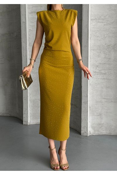 Moda Palmiss Women's Oil Green Stone Detailed Shoulder Padded Midi Dress