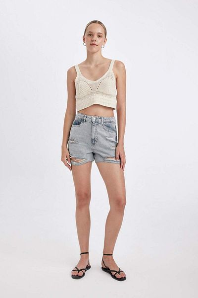 DeFacto High Waist Mom Fit Cut-Cut Jeans Shorts - B7684AX24HS