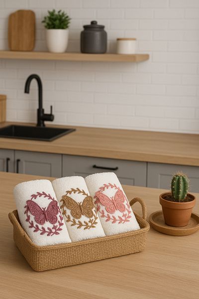 AYHANHOME Set de 3 prosoape de bucătărie 30x50 cadou zestre cu model fluture într-un coș din răchită