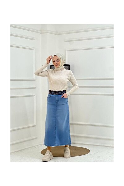 VELLICHOR Kemer Dantel Detaylı Kot Etek - Koyu Mavi Açık Mavi