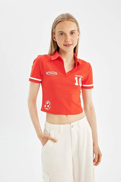 DeFacto Polo Neck Printed Ribbed T-Shirt - Short Sleeve D1419AX24SM