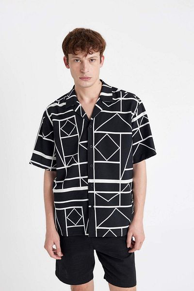 DeFacto Viscose Short Sleeve Relax Fit Apache Collar Shirt - C7700axbk81mc