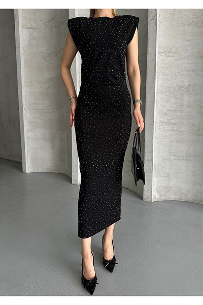 Moda Palmiss Women's Black Stone Detailed Shoulder Padded Midi Dress