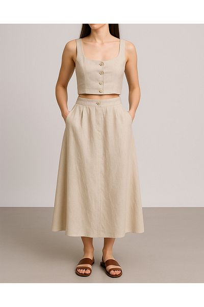 My Blog Stone Cotton Button Detailed Crop Vest Skirt Suit - 8361
