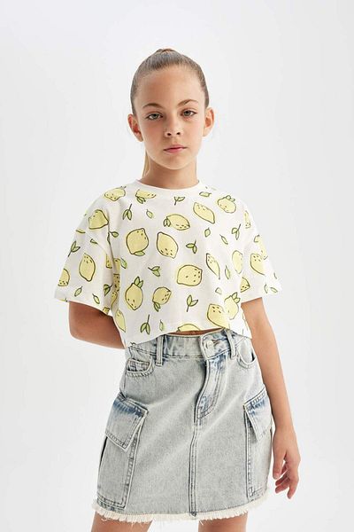 DeFacto Girl's Crop Crew Neck Print Short Sleeve T-Shirt D1288A824Hs