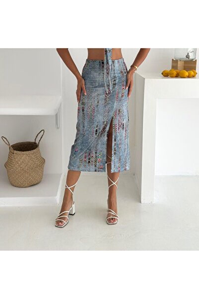 MaxiMor Women's Elastic Waist Front Slit Pencil Lycra Fabric Midi Length Skirt