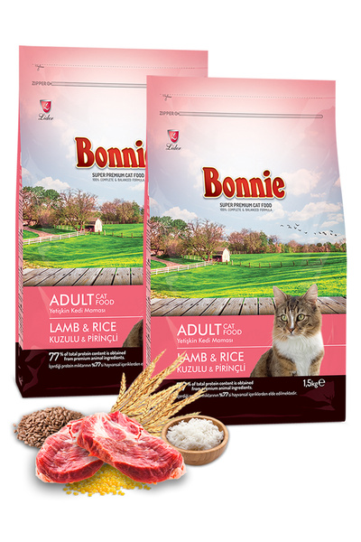 Bonnie Kuzu Etli Pirinçli Yetişkin Kedi Maması 1.5 Kg X 2 Adet